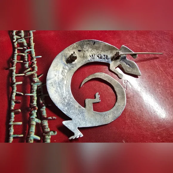 Vintage Sterling Silver Lizard Brooch with Turquoise Accent Stamped HIJE - Picture 3 of 5